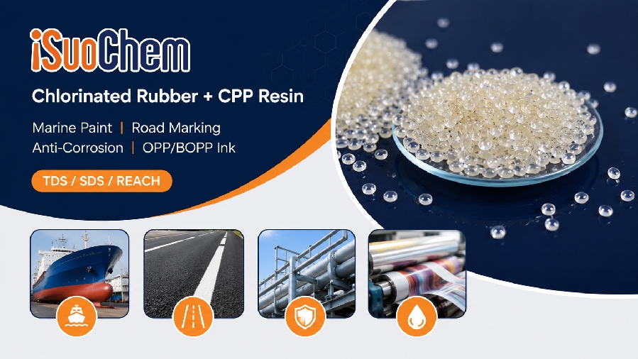 White powder chlorinated rubber and pale yellow CPP resin samples arranged in lab glass vials